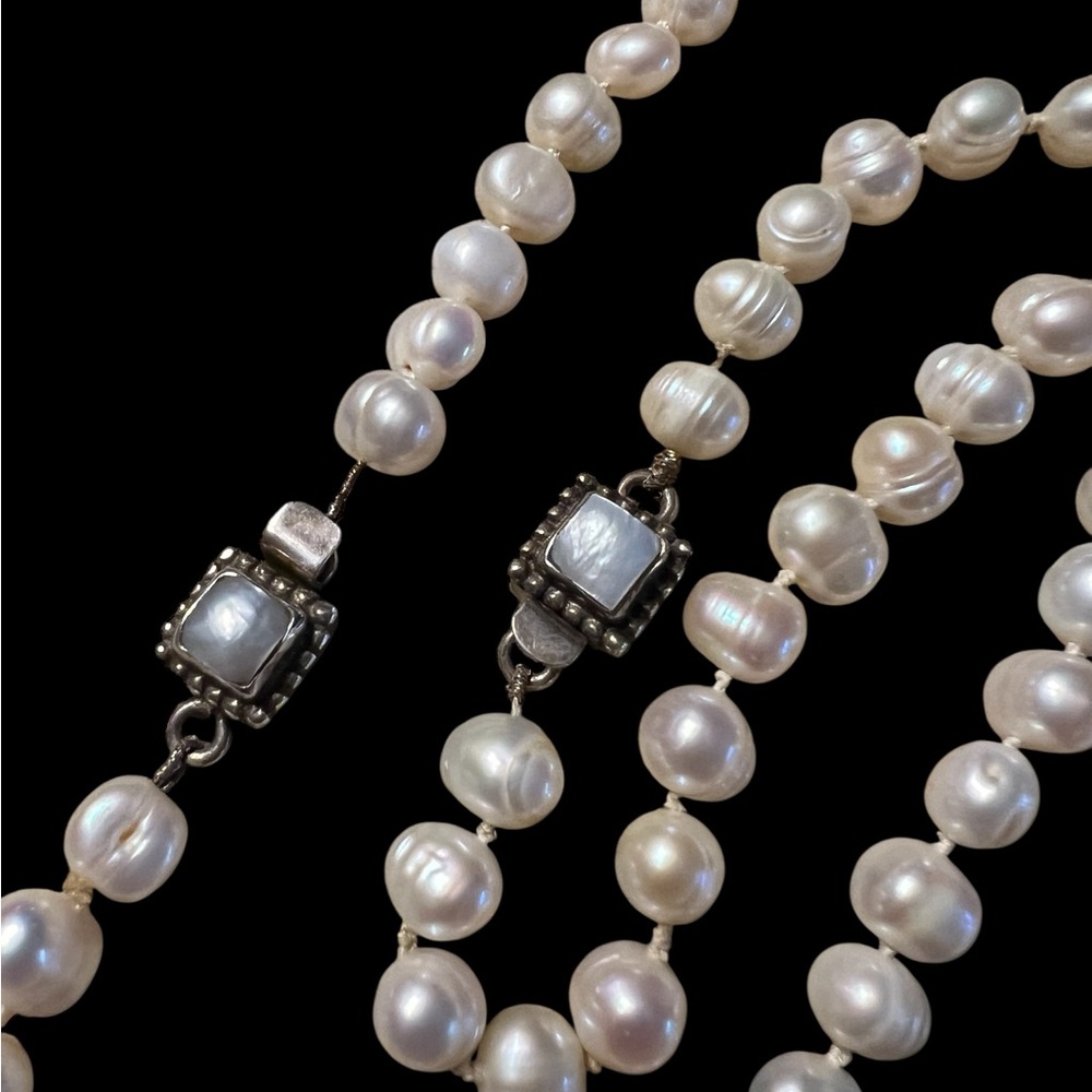 Elegant Pearl Necklace with Silver Accents Custom made hand knotted and wired.
